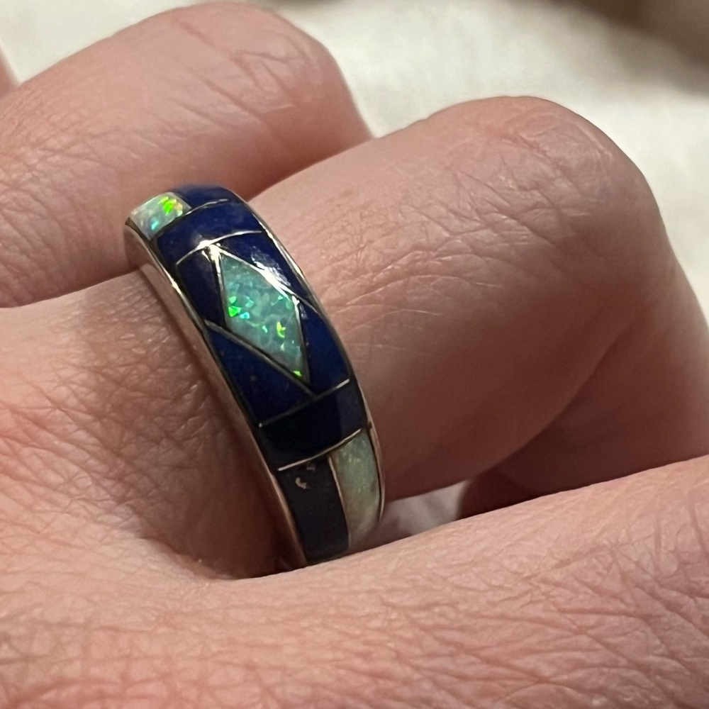Multi-stone inlay ring, sterling silver